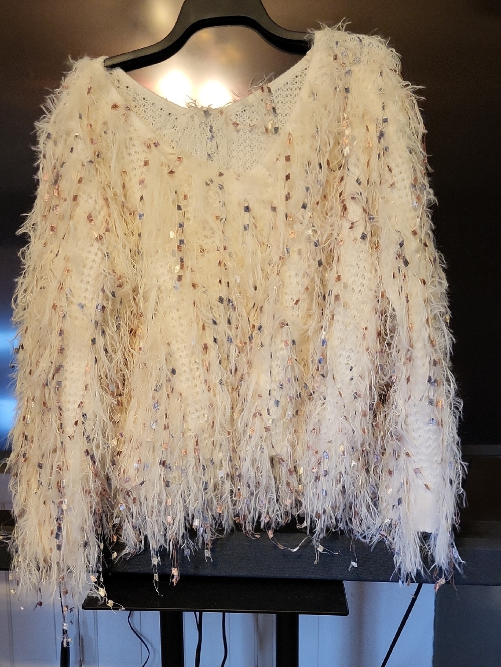 SHEIN Ivory Feathered Fringe Knit Sweater with Metallic Threads